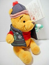 Winnie the Pooh Holiday Plush Mini Bean Bag Bear 7&quot; Puffy Vest &amp; Cap With Tags - £13.40 GBP
