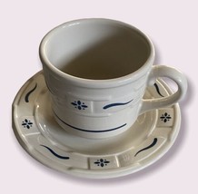 Longaberger Pottery Woven Traditions Blue Heritage Cup &amp; Saucer Made in USA - $11.83