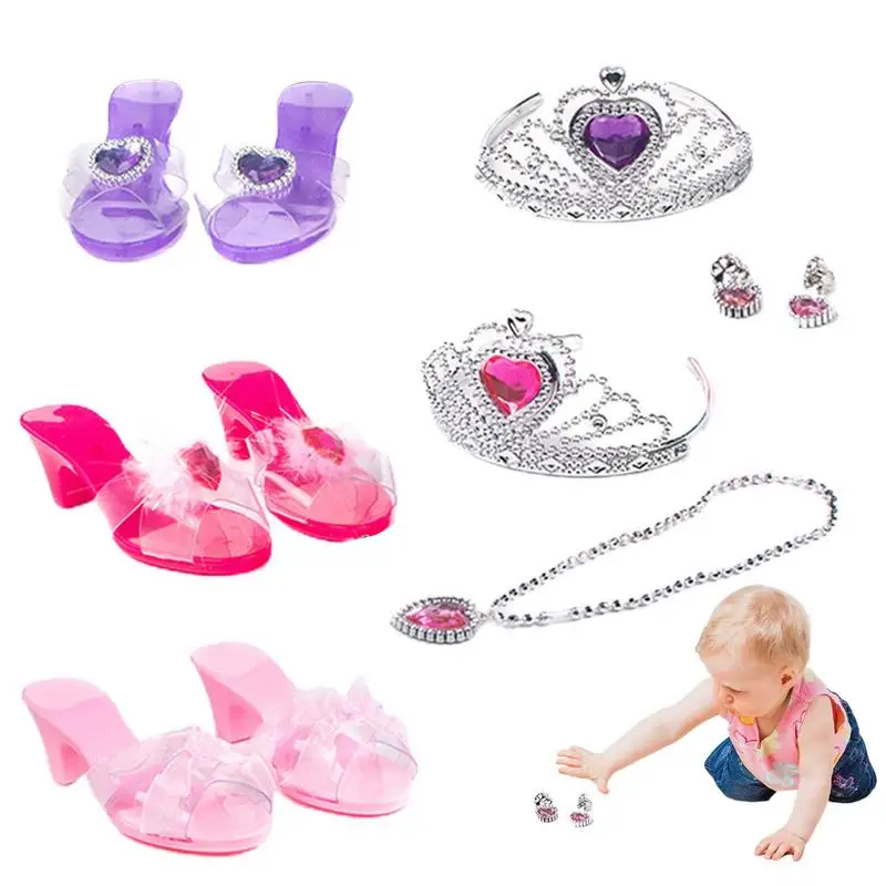 Princess Dress Up Shoes Jewelry Necklace Earrings Crown Pretend Game Toy Fashion - £20.97 GBP