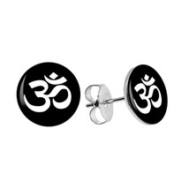 OHM EARRINGS 10mm Stainless Steel Stud Post Round Black Unisex Om Aum Yoga Hindu - £6.30 GBP