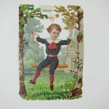 Victorian Trade Card Die cut Boy Blue Sailor Suit Swing Trees Miller&#39;s T... - £15.71 GBP