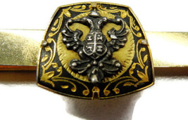 Black Enamel Embossed Knight Armor 925 Crest Square Gold Tone Vintage Tie Bar - £38.68 GBP