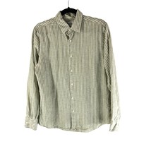 Zara Mens Button Down Shirt Cotton Linen Blend Striped Green White M - £15.36 GBP