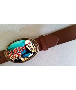 QUEEN  Rock  Epoxy PHOTO MUSIC BELT BUCKLE &amp; Brown Bonded Leather Belt -... - £19.43 GBP