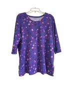 Woman Within Purple Floral Top 2X Side Slits Cotton 3/4 Sleeve  - $17.70
