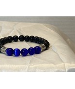 Stretch Bracelet Blue Cat Eye and Black Stone Beads Silver Accents 7&quot; Ha... - £19.07 GBP
