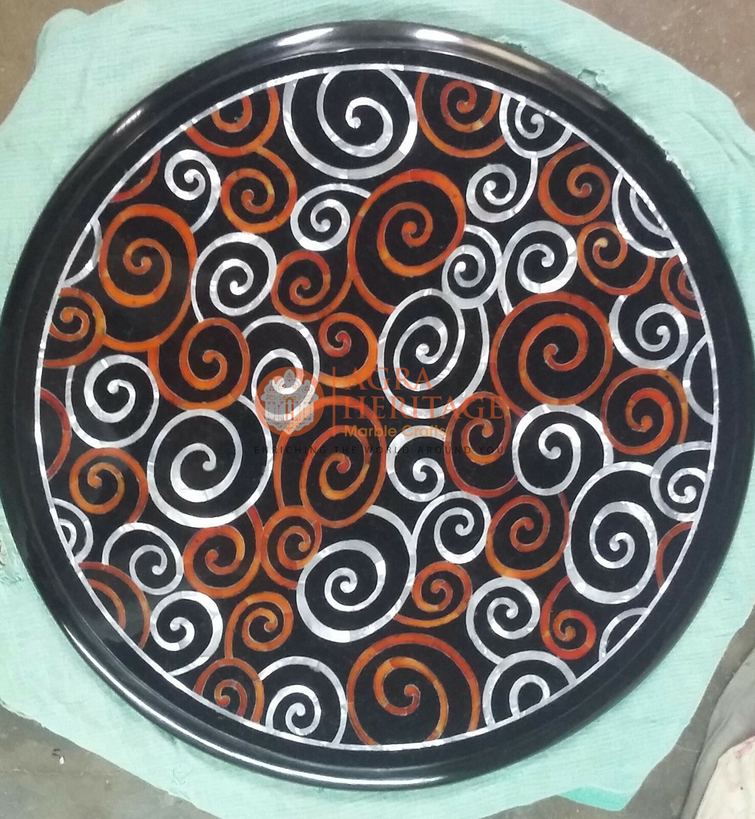 Round Marble Black Coffee Customize Table Top Carnelian Inlaid Mosaic Ar... - $266.21