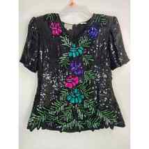 Stenay Women Small Beaded Sequins Silk Blouse Black Short Sleeve Floral - £28.58 GBP