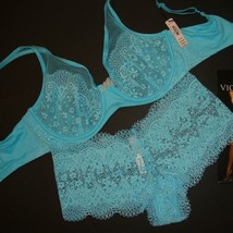 Victoria&#39;s Secret sans Doublure 34B Soutien-Gorge Set S Shorty Culotte Aqua Bleu - £55.38 GBP