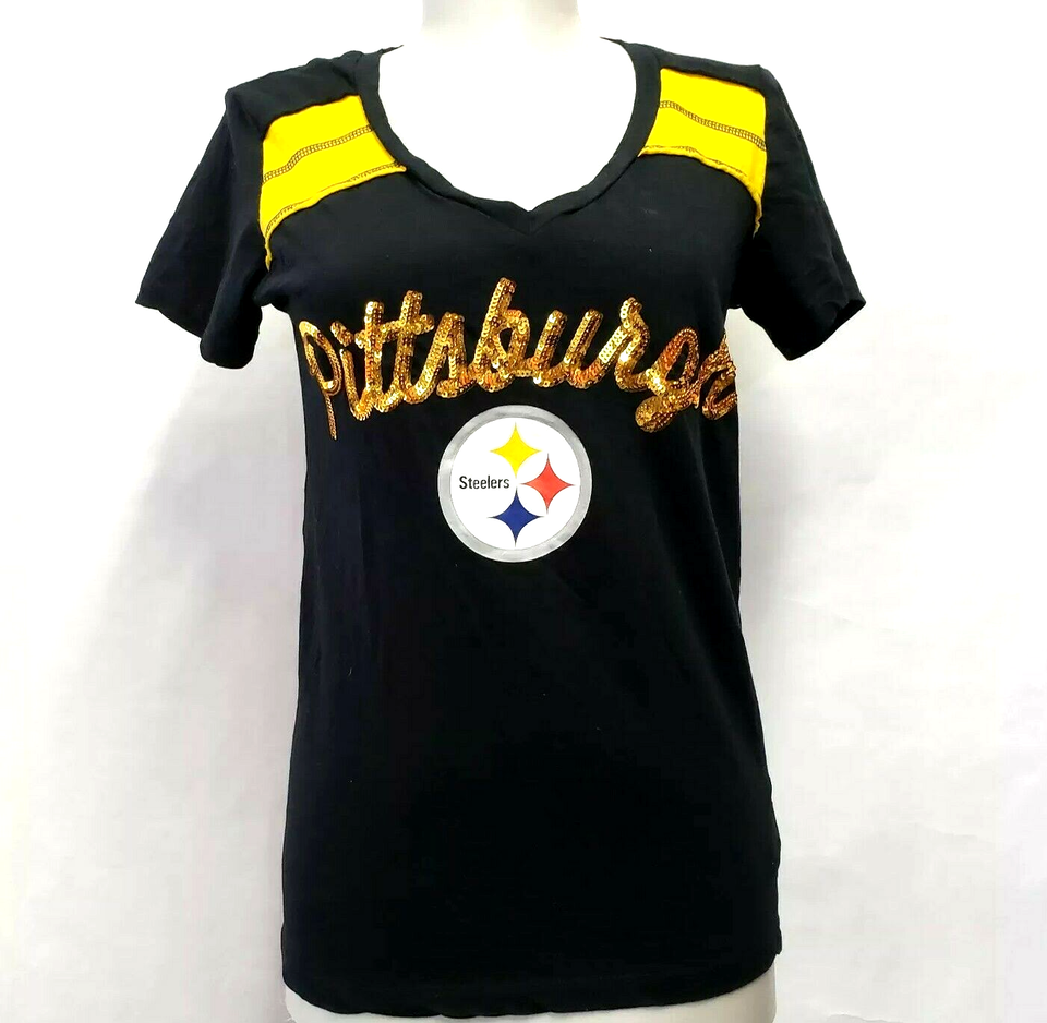 Primary image for Pittsburgh Steelers  Sequin V-Neck T-Shirt black Womens size M