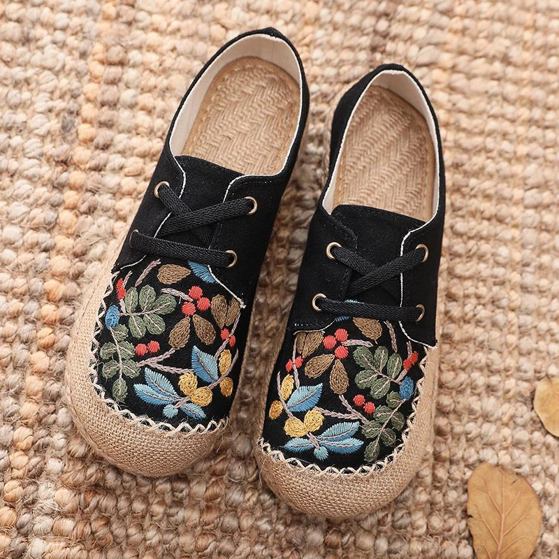 Inen canvas espadrilles sneakers comfortable lace up flat embroidered shoes black beige thumb200