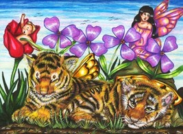 original fairy woman baby colored pencil drawing tiger cubs fantasy art print - £6.40 GBP