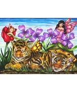 original fairy woman baby colored pencil drawing tiger cubs fantasy art ... - £6.28 GBP