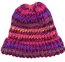 Colorful Hand Knit Ski Cap Pink Blue Green Black  One Size - $6.86