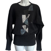 Vintage 80s Black Sequin Blue Silver Triangles Dolman Crew Neck Sweater ... - $24.29