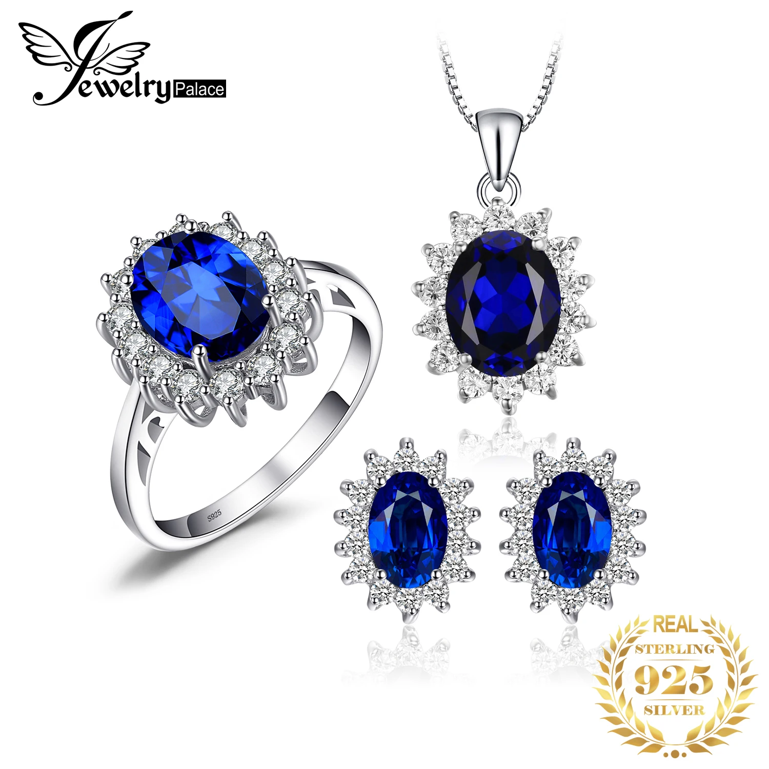 Princess Diana Created Blue Sapphire Ring Pendant Necklace Stud Earrings Crown 9 - £46.14 GBP