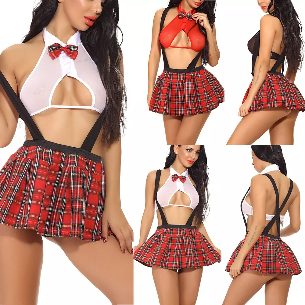Women&#39;s Costume School Girl Sexy Lingerie Set Cosplay Top and Plaid Skirt Outfit - £13.44 GBP