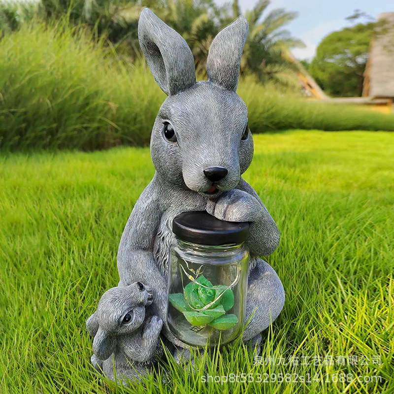 Solar Led Light Garden  Statue Cute Lifelike Bunny Resin Sculpture s Holding Bot - £118.40 GBP