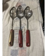 3 VINTAGE / ANTIQUE WOOD HANDLE SLOTTED SERVING / COOKING SPOONS - $19.80