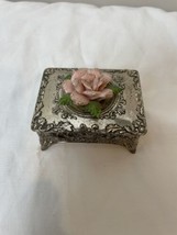 Vintage Ornate Metal And Ceramic Rose Jewelry Box - £17.93 GBP