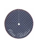 Merry Christmas Holiday Tree Skirt Time 48” Denim Blue Top Stitch Red Trim - $18.92