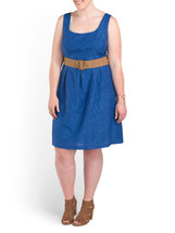 NWT Nine West Danub Blue Pleat Waist Linear Burnout Belted Dress 20W $109 - $18.81