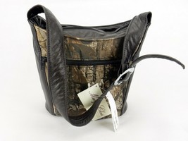 Brown Leather, Camouflage Fabric Purse, Margo Chris Fine Leather, Bucket... - $58.75
