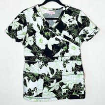 KOI black, white &amp; lime green floral shirt sleeve v neck scrub top size medium - £11.41 GBP