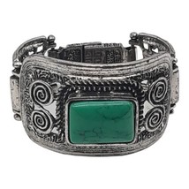 Silver Tone Chunky Bracelet Greenish Teal Faux Stone Statement Magnetic Close - £9.52 GBP