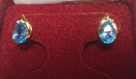 14K Yellow Gold Blue Topaz Gemstone &amp; Diamond Stud Earrings - £369.42 GBP