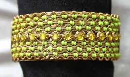 Fabulous Green Beads &amp; Crystal Rhinestone Gold-tone Hinged Bracelet 1960s vint. - £11.76 GBP
