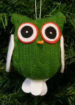 Green &amp; White Cable Knit Yarn &amp; Felt Owl Woodland Animal Christmas Tree Ornament - £7.94 GBP