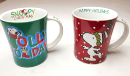 2 Peanuts SNOOPY Gibson Christmas Mugs Green Jolly Holiday &amp; Red Snoopy in Hat - £12.78 GBP