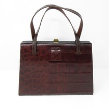 Vintage Brown Leather Croc Embossed Framed Handbag Purse - $21.77