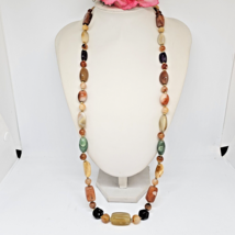 Vintage Agate Amethyst Aventurine Stone Beaded Necklace 32&quot; Long - £23.86 GBP