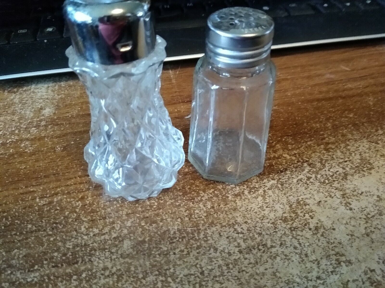2 clear glass salt shaker, 1 Gemco, 1 diamond shaped pressed glass - $3.96