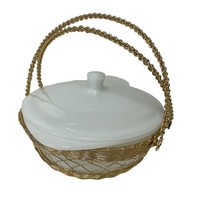 GlasBake J514 2 Qt White Glass Casserole With Lid And Gold Metal Basket ... - £27.46 GBP