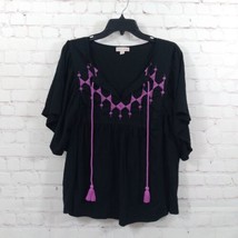 Knox Rose Top Womens XXL Black Purple Embroidered Tassel Boho Peasant - £19.63 GBP