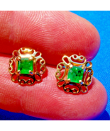 Earth mined Emerald Deco Design Earrings Unique Vintage Studs Solid 14k ... - $2,629.48 CAD