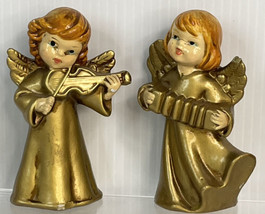 Set Of 2 Vintage Gold Ceramic Composition Angels Playing Accordion And V... - £15.75 GBP