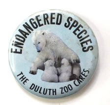 Vintage Polar Bears Endangered Species The Duluth Zoo Cares Button Pin Minnesota - £6.30 GBP