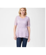 Isaac Mizrahi Live! Elbow-Sleeve Stretch Lace Peplum Knit Top Pastel Lil... - $19.22 CAD