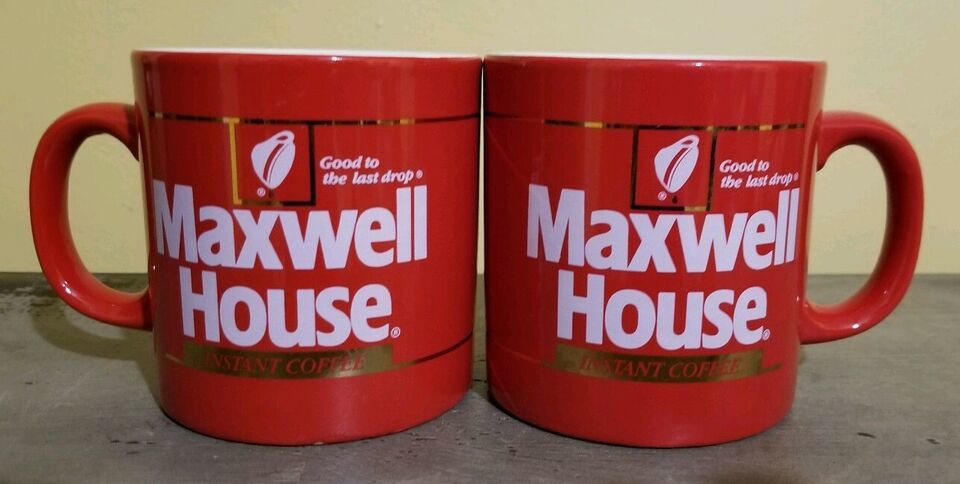 Rare Vintage 1980's Instant MAXWELL HOUSE Coffee Mug 12 oz. Red/Gold Set of 2 - £12.14 GBP