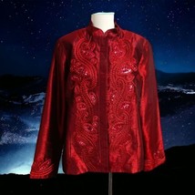 Chicos Satin Embellished Jacket Sz L 2 Blazer Red Metallic Sequins Embroidered  - £27.39 GBP