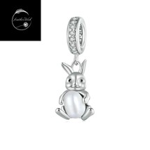 Genuine Sterling Silver 925 Love Rabbit Animal Dangle Pendant Charm With Pearl - £16.13 GBP