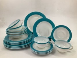 Vintage Pyrex Turquoise Blue Band 4 Piece Place Setting Dinnerware Set o... - $79.19