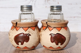 Western Native American Buffalo Bison Canister Jars Salt Pepper Shakers Holder - £22.44 GBP
