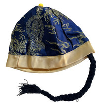 Chinese Mandarin Tassel Hat Long Braid Blue Gold Youth Asian Oriental - £7.86 GBP
