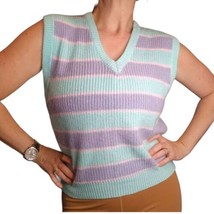 Vintage 80s Ribbed Knit Pastel Striped Sweater Vest Mint Green Lavendar ... - £29.86 GBP