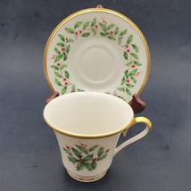 Vtg Lenox Holiday Holly Berry Wide Gold Trim Footed Tea Cup Saucer Set USA - £22.08 GBP